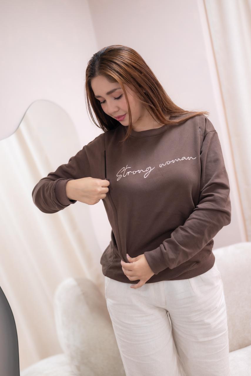 POLERA DE ALGODÓN EMBARAZO & LACTANCIA STRONG WOMAN - CHOCOLATE